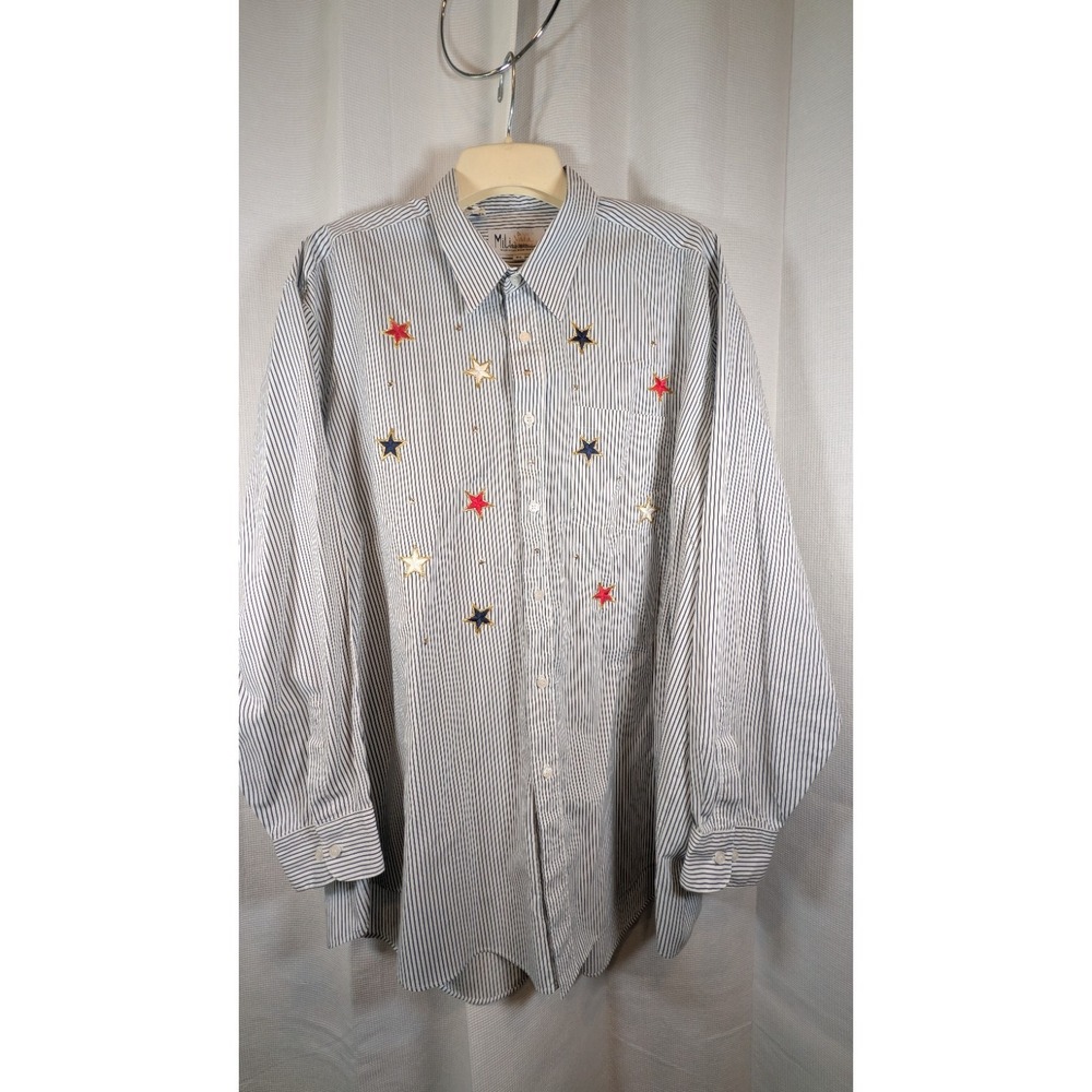 Vintage Mili Designs Patriotic Star Embroidered Striped Button Down Shirt Blouse